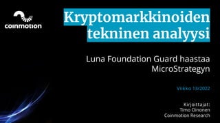 Kryptomarkkinoiden
tekninen analyysi
Luna Foundation Guard haastaa
MicroStrategyn
Viikko 13/2022
Kirjoittajat:
Timo Oinonen
Coinmotion Research
 