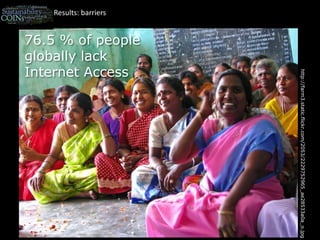 Results: barriers76.5 % of people globally lack Internet Access http://farm3.static.flickr.com/2053/2229752965_ae28533a0a_o.jpg