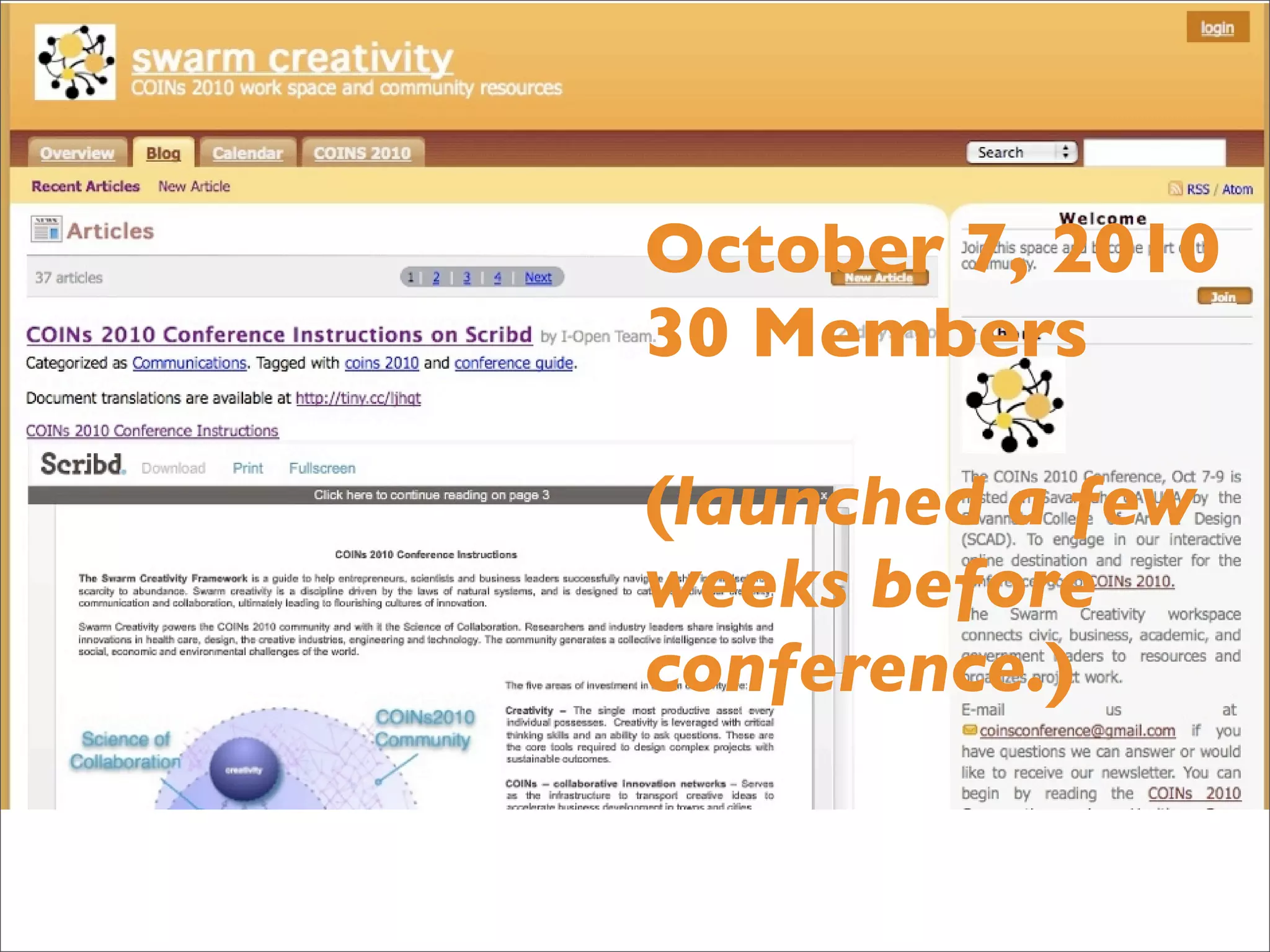 October 7, 2010
30 Members

(launched a few
weeks before
conference.)
 