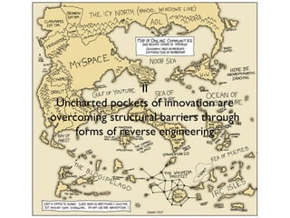 II
Uncharted pockets of innovation are
overcoming structural barriers through
forms of reverse engineering
 