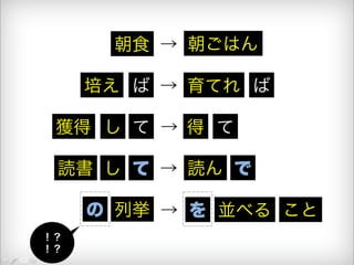 朝食 → 朝ごはん 
培え ば → 育てれ ば 
獲得 し て → 得 て 
読書 し て → 読ん で 
の 列挙 → を 並べる こと 
！？ 
！？ 
 