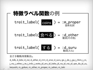 特徴ラベル関数の例 
trait_label(　　　 ) = :m_proper 
固有名詞 
coins 
trait_label(　食　べ　る ) = :d_other 
※型注釈で言うと 
　trait_label :: Word → Label 
動詞(その他) 
trait_label(　す　る　 ) = :d_suru 
動詞(スル) 
全２９種類(有限集合)。 
d_itdk, 
d_kdsr, 
d_nsr, 
d_other, 
d_rrrrr, 
d_srssr, 
d_suru, 
go, 
j_de, 
j_ga, 
j_hkm, 
j_ni, 
j_no, 
j_other, 
j_te, 
j_trdr, 
j_woto, 
jd_aru, 
jd_kako, 
jd_na, 
jd_nai, 
jd_spe_da, 
jd_zu, 
keiyoshi, 
m_gokan, 
m_other, 
m_proper, 
m_sahen, 
m_teki 
 
