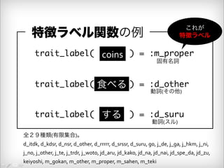 特徴ラベル関数の例 
trait_label(　　　 ) = :m_proper 
固有名詞 
coins 
これが 
特徴ラベル 
trait_label(　食　べ　る ) = :d_other 
※型注釈で言うと 
　trait_label :: Word → Label 
動詞(その他) 
trait_label(　す　る　 ) = :d_suru 
動詞(スル) 
全２９種類(有限集合)。 
d_itdk, 
d_kdsr, 
d_nsr, 
d_other, 
d_rrrrr, 
d_srssr, 
d_suru, 
go, 
j_de, 
j_ga, 
j_hkm, 
j_ni, 
j_no, 
j_other, 
j_te, 
j_trdr, 
j_woto, 
jd_aru, 
jd_kako, 
jd_na, 
jd_nai, 
jd_spe_da, 
jd_zu, 
keiyoshi, 
m_gokan, 
m_other, 
m_proper, 
m_sahen, 
m_teki 
 