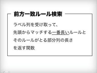 前方一致ルール検索 
ラベル列を受け取って、 
先頭からマッチする一番長いルールと 
そのルールがとる部分列の長さ 
を返す関数 
 