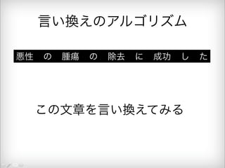 言い換えのアルゴリズム 
悪性 の 腫瘍 の 除去 に 成功 し た 
この文章を言い換えてみる 
 