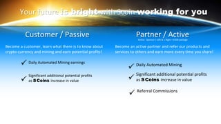 Your future is bright with Scoin working for you
Become a customer, learn what there is to know about
crypto currency and mining and earn potential profits!
Become an active partner and refer our products and
services to others and earn more every time you share!
Partner / ActiveCustomer / Passive
Daily Automated Mining earnings
Significant additional potential profits
as SCoins increase in value
Daily Automated Mining
Significant additional potential profits
as SCoins increase in value
Active: Sponsor 1 Left & 1 Right + €300 package
Referral Commissions
 