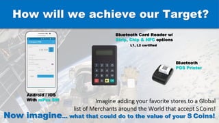 How will we achieve our Target?
Android / iOS
With mPos SW
Bluetooth Card Reader w/
Strip, Chip & NFC options
L1, L2 certified
Bluetooth
POS Printer
Imagine adding your favorite stores to a Global
list of Merchants around the World that accept SCoins!
Now imagine… what that could do to the value of your S Coins!
 