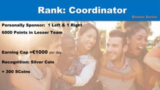 Rank: Coordinator
Personally Sponsor: 1 Left & 1 Right
6000 Points in Lesser Team
Earning Cap =€1000 per day
Recognition: Silver Coin
+ 300 SCoins
Bronze Series
 