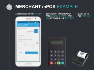 MERCHANT mPOS EXAMPLE
ANDROID/iOS WITH mPOS SW BLUETOOTH CARD READER
WITH STRIPE, CHIP&PIN AND
NFC OPTIONS. L1,L2 CERTIFIED
BLUETOOTH
POS PRINTER
 