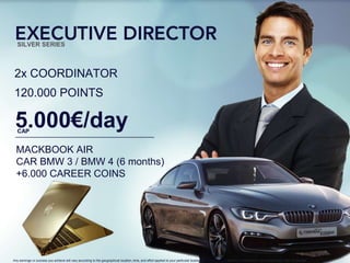 2x COORDINATOR
120.000 POINTS
5.000€/day
MACKBOOK AIR
CAR BMW 3 / BMW 4 (6 months)
+6.000 CAREER COINS
CAP
SILVER SERIES
Any earnings or success you achieve will vary according to the geographical location, time, and effort applied to your particular business and is not quaranteed by COINSPACE, its management, staff, or Member
 