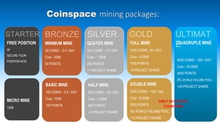 STARTER BRONZE SILVER GOLD ULTIMAT
EFREE POSITION
0€
SECURE YOUR
POSITION NOW
MICRO MINE
150€
MINIMUM MINE
30 COINS – 2.4 / DAY
Cost - 300€
50 POINTS
QUATER MINE
250 COINS – 12 / DAY
Cost – 1.500€
250 POINTS
+1 PROJECT SHARE
QUADRUPLE MINE
8000 COINS – 200 / DAY
Cost – 24.000€
8000 POINTS
5% WORLD VOLUME POOL
+35 PROJECT SHARE
FULL MINE
1000 COINS - 48 / DAY
Cost – 6.000€
1000 POINTS
+5 PROJECT SHARE
BASIC MINE
100 COINS – 5.5 / DAY
Cost - 700€
120 POINTS
HALF MINE
500 COINS – 24 / DAY
Cost – 3.000€
500 POINTS
+2 PROJECT SHARE
DOUBLE MINE
2000 COINS – 100 / Day
Cost -12.000€
2000 POINTS
3% WORLD VOLUME POOL
+12 PROJECT SHARE
Coinspace mining packages:
ONLY IN SPECIFIC
COUNTRIES
 
