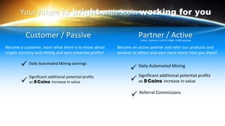 Your future is bright with Scoin working for you
Become a customer, learn what there is to know about
crypto currency and mining and earn potential profits!
Become an active partner and refer our products and
services to others and earn more every time you share!
Partner / ActiveCustomer / Passive
Daily Automated Mining earnings
Significant additional potential profits
as SCoins increase in value
Daily Automated Mining
Significant additional potential profits
as SCoins increase in value
Active: Sponsor 1 Left & 1 Right + €300 package
Referral Commissions
 