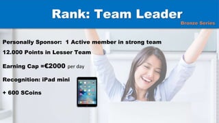Rank: Team Leader
Personally Sponsor: 1 Active member in strong team
12.000 Points in Lesser Team
Earning Cap =€2000 per day
Recognition: iPad mini
+ 600 SCoins
Bronze Series
 