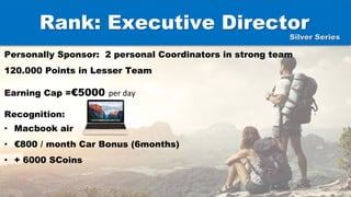Rank: Executive Director
Personally Sponsor: 2 personal Coordinators in strong team
120.000 Points in Lesser Team
Earning Cap =€5000 per day
Recognition:
• Macbook air
• €800 / month Car Bonus (6months)
• + 6000 SCoins
Silver Series
 