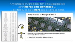 A mineração de Criptomoeda tem uma capacidade de
gerar lucros emocionantes …
…mas tornou-se muito caro para o indivíduo médio
Melhor Hardware de Mineração de Bitcoin
Dois fatores que irão determinar o melhor hardware de mineração de bitcoin:
(1) custo e (2) eficiência energética.
A mineração de bitcoin é difícil de efetuar com lucro
Lista completa de Hardware de Mineração
http://porto.coinspace.biz/
 