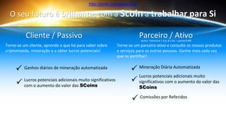 O seu futuro é brilhante, com a Scoin a trabalhar para Si
Torne-se um cliente, aprenda o que há para saber sobre
criptomoeda, mineração e a obter lucros potenciais!
Torne-se um parceiro ativo e consulte os nossos produtos
e serviços para os outras pessoas. Ganhe mais cada vez
que os partilhar!
Parceiro / AtivoCliente / Passivo
Ganhos diários de mineração automatizada
Lucros potenciais adicionais muito significativos
com o aumento do valor das SCoins
Mineração Diária Automatizada
Lucros potenciais adicionais muito
significativos com o aumento do valor das
SCoins
Activo: Patrocinar 1 Esq. & 1 Dir. + pacote €300
Comissões por Referidos
http://porto.coinspace.biz/
 