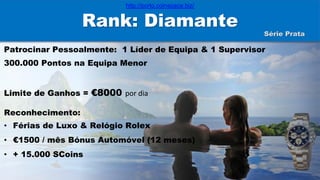 Rank: Diamante
Patrocinar Pessoalmente: 1 Líder de Equipa & 1 Supervisor
300.000 Pontos na Equipa Menor
Limite de Ganhos = €8000 por dia
Reconhecimento:
• Férias de Luxo & Relógio Rolex
• €1500 / mês Bónus Automóvel (12 meses)
• + 15.000 SCoins
Série Prata
http://porto.coinspace.biz/
 