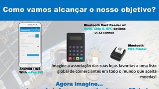 Como vamos alcançar o nosso objetivo?
Android / iOS
With mPos SW
Bluetooth Card Reader w/
Strip, Chip & NFC options
L1, L2 certified
Bluetooth
POS Printer
Imagine a associação das suas lojas favoritas a uma lista
global de comerciantes em todo o mundo que aceita
moedas!
Agora imagine…
 
