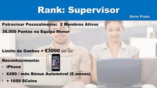 Rank: Supervisor
Patrocinar Pessoalmente: 2 Membros Ativos
36.000 Pontos na Equipa Menor
Limite de Ganhos = €3000 por dia
Reconhecimento:
• iPhone
• €400 / mês Bónus Automóvel (6 meses)
• + 1600 SCoins
Série Prata
 
