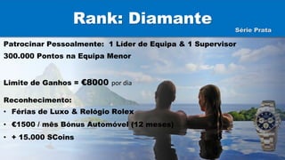Rank: Diamante
Patrocinar Pessoalmente: 1 Líder de Equipa & 1 Supervisor
300.000 Pontos na Equipa Menor
Limite de Ganhos = €8000 por dia
Reconhecimento:
• Férias de Luxo & Relógio Rolex
• €1500 / mês Bónus Automóvel (12 meses)
• + 15.000 SCoins
Série Prata
 