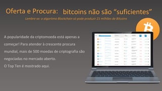Oferta e Procura: bitcoins não são “suficientes”
A popularidade da criptomoeda está apenas a
começar! Para atender à crescente procura
mundial, mais de 500 moedas de criptografia são
negociadas no mercado aberto.
O Top Ten é mostrado aqui.
Lembre-se: o algoritmo Blockchain só pode produzir 21 milhões de Bitcoins
 