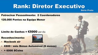 Rank: Diretor Executivo
Patrocinar Pessoalmente: 2 Coordenadores
120.000 Pontos na Equipa Menor
Limite de Ganhos = €5000 por dia
Reconhecimento:
• Macbook air
• €800 / mês Bónus Automóvel (6 meses)
• + 6000 SCoins
Série Prata
 