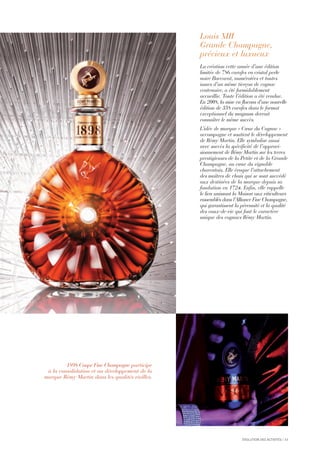 ÉVOLUTION DES ACTIVITÉS I 11
Louis XIII
Grande Champagne,
précieux et luxueux
La création cette année d’une édition
limitée de 786 carafes en cristal perle
noire Baccarat, numérotées et toutes
issues d’un même tierçon de cognac
centenaire, a été formidablement
accueillie. Toute l’édition a été vendue.
En 2008, la mise en flacons d’une nouvelle
édition de 358 carafes dans le format
exceptionnel du magnum devrait
connaître le même succès.
L’idée de marque « Cœur du Cognac »
accompagne et soutient le développement
de Rémy Martin. Elle symbolise aussi
avec succès la spécificité de l’approvi-
sionnement de Rémy Martin sur les terres
prestigieuses de la Petite et de la Grande
Champagne, au cœur du vignoble
charentais. Elle évoque l’attachement
des maîtres de chais qui se sont succédé
aux destinées de la marque depuis sa
fondation en 1724. Enfin, elle rappelle
le lien unissant la Maison aux viticulteurs
rassemblés dans l’Alliance Fine Champagne,
qui garantissent la pérennité et la qualité
des eaux-de-vie qui font le caractère
unique des cognacs Rémy Martin.
1898 Coupe Fine Champagne participe
à la consolidation et au développement de la
marque Rémy Martin dans les qualités vieilles.
 