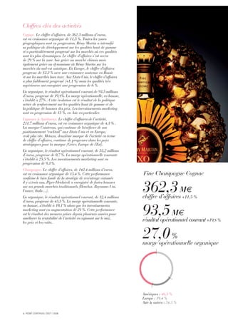 6 I RÉMY COINTREAU 2007 I 2008
Fine Champagne Cognac
362,3M€
chiffre d’affaires +11,5 %
93,5M€
résultat opérationnel courant+19,8 %
27,0%
marge opérationnelle organique
Cognac. Le chiffre d’affaires, de 362,3 millions d’euros,
est en croissance organique de 11,5 %. Toutes les zones
géographiques sont en progression. Rémy Martin a intensifié
sa politique de développement sur les qualités haut de gamme
et a particulièrement progressé sur les marchés où ces qualités
sont les plus dynamiques. Le chiffre d’affaires s’est accru
de 29 % sur la zone Asie grâce au marché chinois mais
également grâce au dynamisme de Rémy Martin sur les
marchés du sud-est asiatique. En Europe, le chiffre d’affaires
progresse de 12,2 % avec une croissance soutenue en Russie
et sur les marchés hors taxe. Aux Etats-Unis, le chiffre d’affaires
a plus faiblement progressé (+1,1 %) mais les qualités très
supérieures ont enregistré une progression de 6 %.
En organique, le résultat opérationnel courant de 93,5 millions
d’euros, progresse de 19,8%. La marge opérationnelle, en hausse,
s’établit à 27% . Cette évolution est le résultat de la politique
active de renforcement sur les qualités haut de gamme et de
la politique de hausses des prix. Les investissements marketing
sont en progression de 15 %, en Asie en particulier.
Liqueurs & Spiritueux. Le chiffre d’affaires de l’activité,
211,7 millions d’euros, est en croissance organique de 4,3 % .
La marque Cointreau, qui continue de bénéficier de son
positionnement “cocktail” aux Etats-Unis et en Europe,
croît plus vite. Metaxa, deuxième marque de l’activité en terme
de chiffre d’affaires, continue de progresser dans les pays
stratégiques pour la marque (Grèce, Europe de l’Est).
En organique, le résultat opérationnel courant, de 53,2 millions
d’euros, progresse de 0,7 %. La marge opérationnelle courante
s’établit à 25,5 %. Les investissements marketing sont en
progression de 9,3 %.
Champagne. Le chiffre d’affaires, de 142,4 millions d’euros,
est en croissance organique de 15,4 %. Cette performance
confirme le bien fondé de la stratégie de recentrage entamée
il y a trois ans. Piper-Heidsieck a enregistré de fortes hausses
sur ses grands marchés traditionnels (Benelux, Royaume-Uni,
France, Italie…).
En organique, le résultat opérationnel courant, de 12,4 millions
d’euros, progresse de 45,5 %. La marge opérationnelle courante,
en hausse, s’établit à 10,1 % alors que les investissements
marketing sont en augmentation de 21 %. Cette performance
est le résultat des mesures prises depuis plusieurs années pour
améliorer la rentabilité de l’activité en agissant sur le mix,
les prix et les coûts.
Amériques : 46,3 %
Europe : 19,4 %
Asie & autres : 34,3 %
Chiffres clés des activités
 