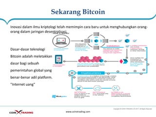 Sekarang Bitcoin
www.coinxtrading.com
Inovasi dalam ilmu kriptologi telah memimpin cara baru untuk menghubungkan orang-
orang dalam jaringan desentralisasi.
Dasar-dasar teknologi
Bitcoin adalah meletakkan
dasar bagi sebuah
pemerintahan global yang
benar-benar adil platform.
"Internet uang"
 