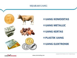 SEJARAH UANG
www.coinxtrading.com
❖UANG KOMODITAS
❖UANG METALLIC
❖UANG KERTAS
❖PLASTIK UANG
❖UANG ELEKTRONIK
 