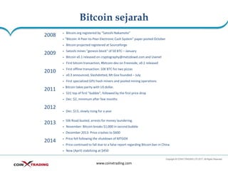 Bitcoin sejarah
www.coinxtrading.com
2008 • Bitcoin.org registered by “Satoshi Nakamoto”
• “Bitcoin: A Peer-to-Peer Electronic Cash System” paper posted October
• Bitcoin projected registered at Sourceforge
2009 • Satoshi mines “genesis block” of 50 BTC – January
• Bitcoin v0.1 released on cryptography@metzdowd.com and Usenet
• First bitcoin transaction, #bitcoin-dev on Freenode, v0.2 released
2010 • First offline transaction: 10K BTC for two pizzas
• v0.3 announced, Slashdotted, Mt Gox founded – July
• First specialized GPU hash miners and pooled mining operations
2011 • Bitcoin takes parity with US dollar.
• $31 top of first "bubble", followed by the first price drop
• Dec: $2, minimum after few months
2012
• Dec: $13, slowly rising for a year
2013 • Silk Road busted, arrests for money laundering.
• November: Bitcoin breaks $1,000 in second bubble
• December 2013: Price crashes to $600
2014 • Price fell following the shutdown of MTGOX
• Price continued to fall due to a false report regarding Bitcoin ban in China
• Now (April) stabilizing at $450
 