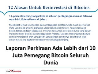 12 Alasan Untuk Berinvestasi di Bitcoins
www.coinxtrading.com
11. persentase yang sangat kecil di seluruh perdagangan dunia di Bitcoins
sejauh ini. Potensi besar di jalan :
Mengingat semua keuntungan dari perdagangan di Bitcoin, kita masih di era awal
mata uang yang unik ini, dianggap Mata Uang Global Future. negara lagi yang
belum terkena Bitcoin kesadaran, Triliunan konsumen di seluruh dunia yang belum
mulai membeli Bitcoins dan menggunakan mereka. Statistik menunjukkan bahwa
semua ini terjadi di arah yang positif yang dengan sendirinya berarti BUY jelas
untuk mata uang digital ini sebagai investasi jangka panjang.
 