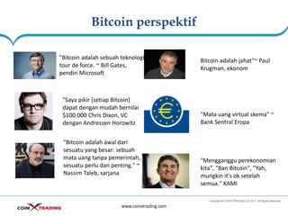 Bitcoin perspektif
www.coinxtrading.com
"Bitcoin adalah sebuah teknologi
tour de force. ~ Bill Gates,
pendiri Microsoft
"Saya pikir [setiap Bitcoin]
dapat dengan mudah bernilai
$100.000 Chris Dixon, VC
dengan Andressen Horowitz
"Bitcoin adalah awal dari
sesuatu yang besar: sebuah
mata uang tanpa pemerintah,
sesuatu perlu dan penting." ~
Nassim Taleb, sarjana
Bitcoin adalah jahat"~ Paul
Krugman, ekonom
"Mata uang virtual skema" ~
Bank Sentral Eropa
"Mengganggu perekonomian
kita", "Ban Bitcoin", "Yah,
mungkin it's ok setelah
semua." KAMI
 