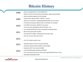Bitcoin History
www.coinxtrading.com
2008 • Bitcoin.org registered by “Satoshi Nakamoto”
• “Bitcoin: A Peer-to-Peer Electronic Cash System” paper posted October
• Bitcoin projected registered at Sourceforge
2009 • Satoshi mines “genesis block” of 50 BTC – January
• Bitcoin v0.1 released on cryptography@metzdowd.com and Usenet
• First bitcoin transaction, #bitcoin-dev on Freenode, v0.2 released
2010 • First offline transaction: 10K BTC for two pizzas
• v0.3 announced, Slashdotted, Mt Gox founded – July
• First specialized GPU hash miners and pooled mining operations
2011 • Bitcoin takes parity with US dollar.
• $31 top of first "bubble", followed by the first price drop
• Dec: $2, minimum after few months
2012
• Dec: $13, slowly rising for a year
2013 • Silk Road busted, arrests for money laundering.
• November: Bitcoin breaks $1,000 in second bubble
• December 2013: Price crashes to $600
2014 • Price fell following the shutdown of MTGOX
• Price continued to fall due to a false report regarding Bitcoin ban in China
• Now (April) stabilizing at $450
 