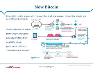 Now Bitcoin
www.coinxtrading.com
Innovations in the science of cryptology has lead new ways of connecting people in a
dece...