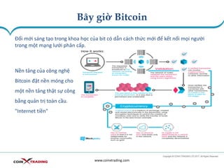 Bây giờ Bitcoin
www.coinxtrading.com
Đổi mới sáng tạo trong khoa học của bit có dẫn cách thức mới để kết nối mọi người
trong một mạng lưới phân cấp.
Nền tảng của công nghệ
Bitcoin đặt nền móng cho
một nền tảng thật sự công
bằng quản trị toàn cầu.
"Internet tiền"
 