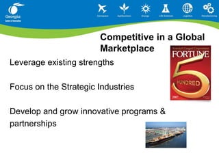 Business ConnectionsManufacturingGainesvilleEnergyAtlantaLife SciencesAugustaAerospaceWarner Robins/EastmanLogisticsSavannahAgricultureTiftonwww.georgiainnovation.org