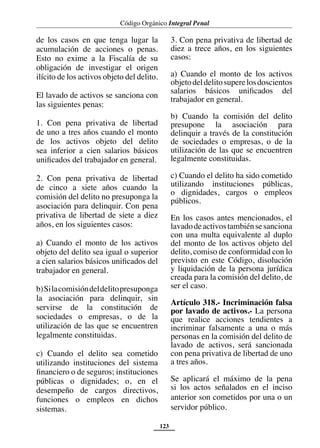 Código Orgánico Integral Penal
123
de los casos en que tenga lugar la
acumulación de acciones o penas.
Esto no exime a la Fiscalía de su
obligación de investigar el origen
ilícito de los activos objeto del delito.
El lavado de activos se sanciona con
las siguientes penas:
1. Con pena privativa de libertad
de uno a tres años cuando el monto
de los activos objeto del delito
sea inferior a cien salarios básicos
unificados del trabajador en general.
2. Con pena privativa de libertad
de cinco a siete años cuando la
comisión del delito no presuponga la
asociación para delinquir. Con pena
privativa de libertad de siete a diez
años, en los siguientes casos:
a) Cuando el monto de los activos
objeto del delito sea igual o superior
a cien salarios básicos unificados del
trabajador en general.
b)Silacomisióndeldelitopresuponga
la asociación para delinquir, sin
servirse de la constitución de
sociedades o empresas, o de la
utilización de las que se encuentren
legalmente constituidas.
c) Cuando el delito sea cometido
utilizando instituciones del sistema
financiero o de seguros; instituciones
públicas o dignidades; o, en el
desempeño de cargos directivos,
funciones o empleos en dichos
sistemas.
3. Con pena privativa de libertad de
diez a trece años, en los siguientes
casos:
a) Cuando el monto de los activos
objetodeldelitosuperelosdoscientos
salarios básicos unificados del
trabajador en general.
b) Cuando la comisión del delito
presupone la asociación para
delinquir a través de la constitución
de sociedades o empresas, o de la
utilización de las que se encuentren
legalmente constituidas.
c) Cuando el delito ha sido cometido
utilizando instituciones públicas,
o dignidades, cargos o empleos
públicos.
En los casos antes mencionados, el
lavadodeactivostambiénsesanciona
con una multa equivalente al duplo
del monto de los activos objeto del
delito, comiso de conformidad con lo
previsto en este Código, disolución
y liquidación de la persona jurídica
creada para la comisión del delito, de
ser el caso.
Artículo 318.- Incriminación falsa
por lavado de activos.- La persona
que realice acciones tendientes a
incriminar falsamente a una o más
personas en la comisión del delito de
lavado de activos, será sancionada
con pena privativa de libertad de uno
a tres años.
Se aplicará el máximo de la pena
si los actos señalados en el inciso
anterior son cometidos por una o un
servidor público.
 