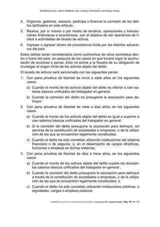 BORRADOR DEL LIBRO PRIMERO DEL CÓDIGO ORGÁNICO INTEGRAL PENAL
COMISIÓN DE JUSTICIA Y ESTRUCTURA DEL ESTADO | 12 de julio de 2013 | Segundo Debate | Pág. 101 de 132
Organice, gestione, asesore, participe o financie la comisión de los deli-4.
tos tipificados en este artículo.
Realice, por sí mismo o por medio de terceros, operaciones y transac-5.
ciones financieras o económicas, con el objetivo de dar apariencia de li-
citud a actividades de lavado de activos.
Ingresar o egresar dinero de procedencia ilícita por los distritos aduane-6.
ros del país.
Estos delitos serán considerados como autónomos de otros cometidos den-
tro o fuera del país, sin perjuicio de los casos en que tuviere lugar la acumu-
lación de acciones o penas. Esto no exime a la fiscalía de su obligación de
investigar el origen ilícito de los activos objeto del delito.
El lavado de activos será sancionado con las siguientes penas:
1. Con pena privativa de libertad de cinco a siete años en los siguientes
casos:
a) Cuando el monto de los activos objeto del delito es inferior a cien sa-
larios básicos unificados del trabajador en general.
b) Cuando la comisión del delito no presupone la asociación para de-
linquir.
2. Con pena privativa de libertad de siete a diez años, en los siguientes
casos:
a) Cuando el monto de los activos objeto del delito es igual o superior a
cien salarios básicos unificados del trabajador en general.
b) Si la comisión del delito presupone la asociación para delinquir, sin
servirse de la constitución de sociedades o empresas, o de la utiliza-
ción de las que se encuentren legalmente constituidas.
c) Cuando el delito ha sido cometida utilizando instituciones del sistema
financiero o de seguros; o, en el desempeño de cargos directivos,
funciones o empleos en dichos sistemas.
3. Con pena privativa de libertad de diez a trece años, en los siguientes
casos:
a) Cuando el monto de los activos objeto del delito supere los doscien-
tos salarios básicos unificados del trabajador en general ;
b) Cuando la comisión del delito presupone la asociación para delinquir
a través de la constitución de sociedades o empresas, o de la utiliza-
ción de las que se encuentren legalmente constituidas; o,
c) Cuando el delito ha sido cometido utilizando instituciones públicas, o
dignidades, cargos o empleos públicos.
 