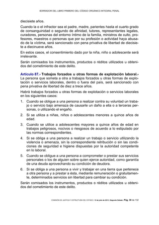 BORRADOR DEL LIBRO PRIMERO DEL CÓDIGO ORGÁNICO INTEGRAL PENAL
COMISIÓN DE JUSTICIA Y ESTRUCTURA DEL ESTADO | 12 de julio de 2013 | Segundo Debate | Pág. 30 de 132
diecisiete años.
Cuando la o el infractor sea el padre, madre, parientes hasta el cuarto grado
de consanguinidad o segundo de afinidad, tutores, representantes legales,
curadores, personas del entorno íntimo de la familia, ministros de culto, pro-
fesores, maestros o personas que por su profesión o actividad haya abusa-
do de la víctima, será sancionado con pena privativa de libertad de diecisie-
te a diecinueve años.
En estos casos, el consentimiento dado por la niña, niño o adolescente será
irrelevante.
Serán comisados los instrumentos, productos o réditos utilizados u obteni-
dos del cometimiento de este delito.
Artículo 87.- Trabajos forzados u otras formas de explotación laboral.-
La persona que someta a otra a trabajos forzados u otras formas de explo-
tación o servicios laborales, dentro o fuera del país, será sancionado con
pena privativa de libertad de diez a trece años.
Habrá trabajos forzados u otras formas de explotación o servicios laborales
en los siguientes casos:
Cuando se obligue a una persona a realizar contra su voluntad un traba-1.
jo o servicio bajo amenaza de causarle un daño a ella o a terceras per-
sonas, o utilizando el engaño.
Si se utiliza a niñas, niños o adolescentes menores a quince años de2.
edad.
Cuando se utilice a adolescentes mayores a quince años de edad en3.
trabajos peligrosos, nocivos o riesgosos de acuerdo a lo estipulado por
las normas correspondientes.
Si se obliga a una persona a realizar un trabajo o servicio utilizando la4.
violencia o amenaza, sin la correspondiente retribución o sin las condi-
ciones de seguridad e higiene dispuestas por la autoridad competente
en lo laboral.
Cuando se obligue a una persona a comprometer o prestar sus servicios5.
personales o los de alguien sobre quien ejerce autoridad, como garantía
de una deuda aprovechando su condición de deudora.
Si se obliga a una persona a vivir y trabajar en una tierra que pertenece6.
a otra persona y a prestar a ésta, mediante remuneración o gratuitamen-
te, determinados servicios sin libertad para cambiar su condición.
Serán comisados los instrumentos, productos o réditos utilizados u obteni-
dos del cometimiento de este delito.
 