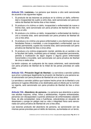 BORRADOR DEL LIBRO PRIMERO DEL CÓDIGO ORGÁNICO INTEGRAL PENAL
COMISIÓN DE JUSTICIA Y ESTRUCTURA DEL ESTADO | 12 de julio de 2013 | Segundo Debate | Pág. 42 de 132
Artículo 132.- Lesiones.- La persona que lesione a otra será sancionada
de acuerdo a las siguientes reglas:
Si producto de las lesiones se produce en la víctima un daño, enferme-1.
dad o incapacidad de cuatro a ocho días, será sancionada con pena pri-
vativa de libertad de treinta días a tres meses.
Si produce a la víctima un daño, incapacidad o enfermedad de nueve a2.
treinta días, será sancionada con pena privativa de libertad de tres me-
ses a un año.
Si produce a la víctima un daño, incapacidad o enfermedad de treinta y3.
uno a noventa días, será sancionada con pena privativa de libertad de
uno a tres años.
Si produce a la víctima una grave enfermedad o una disminución de sus4.
facultades físicas o mentales, o una incapacidad o enfermedad, que no
siendo permanente, supere los noventa días, será sancionada con pena
privativa de libertad de tres a cinco años.
Si produce a la víctima enajenación mental, pérdida de un sentido o de5.
la facultad del habla, inutilidad para el trabajo, incapacidad permanente,
pérdida o inutilización de algún órgano o alguna grave enfermedad
transmisible e incurable, será sancionada con pena privativa de libertad
de cinco a siete años.
La lesión culposa, en cualquiera de los casos anteriores, será sancionada
con pena privativa de libertad de la mitad de las penas previstas en cada
caso.
Artículo 133.- Privación ilegal de libertad.- La servidora o servidor público
que prive o prolongue ilegalmente la privación de libertad a una persona se-
rá sancionado con pena privativa de libertad de uno a tres años.
La servidora o servidor público que hubiere hecho privar de la libertad a una
persona en lugares diferentes a los destinados para el efecto por la normati-
va vigente, será sancionado con pena privativa de libertad de tres a cinco
años.
Artículo 134.- Abandono de persona.- La persona que abandone a perso-
nas adultas mayores, niñas, niños y adolescentes, mujeres embarazadas,
personas con discapacidad o quienes adolezcan de enfermedades catastró-
ficas, de alta complejidad, raras o huérfanas, colocándolas en situación de
desamparo y ponga en peligro real su vida o integridad física será sancio-
nada con pena privativa de libertad de uno a tres años.
Las lesiones producto del abandono de persona, se sancionarán con las
mismas penas previstas para el delito de lesiones, aumentadas en un tercio.
 