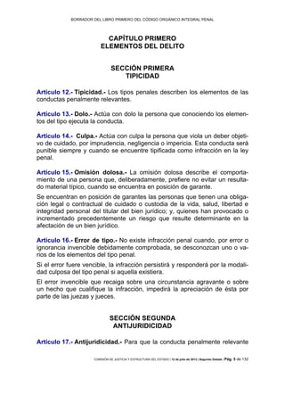 BORRADOR DEL LIBRO PRIMERO DEL CÓDIGO ORGÁNICO INTEGRAL PENAL
COMISIÓN DE JUSTICIA Y ESTRUCTURA DEL ESTADO | 12 de julio de 2013 | Segundo Debate | Pág. 5 de 132
CAPÍTULO PRIMERO
ELEMENTOS DEL DELITO
SECCIÓN PRIMERA
TIPICIDAD
Artículo 12.- Tipicidad.- Los tipos penales describen los elementos de las
conductas penalmente relevantes.
Artículo 13.- Dolo.- Actúa con dolo la persona que conociendo los elemen-
tos del tipo ejecuta la conducta.
Artículo 14.- Culpa.- Actúa con culpa la persona que viola un deber objeti-
vo de cuidado, por imprudencia, negligencia o impericia. Esta conducta será
punible siempre y cuando se encuentre tipificada como infracción en la ley
penal.
Artículo 15.- Omisión dolosa.- La omisión dolosa describe el comporta-
miento de una persona que, deliberadamente, prefiere no evitar un resulta-
do material típico, cuando se encuentra en posición de garante.
Se encuentran en posición de garantes las personas que tienen una obliga-
ción legal o contractual de cuidado o custodia de la vida, salud, libertad e
integridad personal del titular del bien jurídico; y, quienes han provocado o
incrementado precedentemente un riesgo que resulte determinante en la
afectación de un bien jurídico.
Artículo 16.- Error de tipo.- No existe infracción penal cuando, por error o
ignorancia invencible debidamente comprobada, se desconozcan uno o va-
rios de los elementos del tipo penal.
Si el error fuere vencible, la infracción persistirá y responderá por la modali-
dad culposa del tipo penal si aquella existiera.
El error invencible que recaiga sobre una circunstancia agravante o sobre
un hecho que cualifique la infracción, impedirá la apreciación de ésta por
parte de las juezas y jueces.
SECCIÓN SEGUNDA
ANTIJURIDICIDAD
Artículo 17.- Antijuridicidad.- Para que la conducta penalmente relevante
 