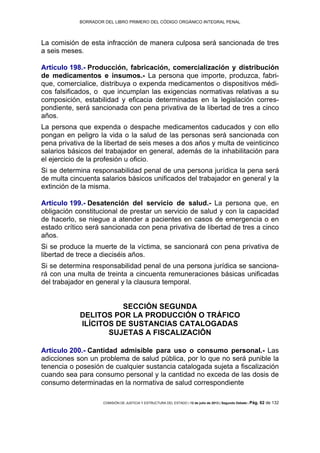BORRADOR DEL LIBRO PRIMERO DEL CÓDIGO ORGÁNICO INTEGRAL PENAL
COMISIÓN DE JUSTICIA Y ESTRUCTURA DEL ESTADO | 12 de julio de 2013 | Segundo Debate | Pág. 62 de 132
La comisión de esta infracción de manera culposa será sancionada de tres
a seis meses.
Artículo 198.- Producción, fabricación, comercialización y distribución
de medicamentos e insumos.- La persona que importe, produzca, fabri-
que, comercialice, distribuya o expenda medicamentos o dispositivos médi-
cos falsificados, o que incumplan las exigencias normativas relativas a su
composición, estabilidad y eficacia determinadas en la legislación corres-
pondiente, será sancionada con pena privativa de la libertad de tres a cinco
años.
La persona que expenda o despache medicamentos caducados y con ello
pongan en peligro la vida o la salud de las personas será sancionada con
pena privativa de la libertad de seis meses a dos años y multa de veinticinco
salarios básicos del trabajador en general, además de la inhabilitación para
el ejercicio de la profesión u oficio.
Si se determina responsabilidad penal de una persona jurídica la pena será
de multa cincuenta salarios básicos unificados del trabajador en general y la
extinción de la misma.
Artículo 199.- Desatención del servicio de salud.- La persona que, en
obligación constitucional de prestar un servicio de salud y con la capacidad
de hacerlo, se niegue a atender a pacientes en casos de emergencia o en
estado crítico será sancionada con pena privativa de libertad de tres a cinco
años.
Si se produce la muerte de la víctima, se sancionará con pena privativa de
libertad de trece a dieciséis años.
Si se determina responsabilidad penal de una persona jurídica se sanciona-
rá con una multa de treinta a cincuenta remuneraciones básicas unificadas
del trabajador en general y la clausura temporal.
SECCIÓN SEGUNDA
DELITOS POR LA PRODUCCIÓN O TRÁFICO
ILÍCITOS DE SUSTANCIAS CATALOGADAS
SUJETAS A FISCALIZACIÓN
Artículo 200.- Cantidad admisible para uso o consumo personal.- Las
adicciones son un problema de salud pública, por lo que no será punible la
tenencia o posesión de cualquier sustancia catalogada sujeta a fiscalización
cuando sea para consumo personal y la cantidad no exceda de las dosis de
consumo determinadas en la normativa de salud correspondiente
 