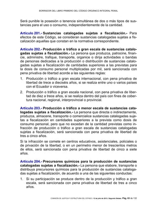 BORRADOR DEL LIBRO PRIMERO DEL CÓDIGO ORGÁNICO INTEGRAL PENAL
COMISIÓN DE JUSTICIA Y ESTRUCTURA DEL ESTADO | 12 de julio de 2013 | Segundo Debate | Pág. 63 de 132
Será punible la posesión o tenencia simultánea de dos o más tipos de sus-
tancias para el uso o consumo, independientemente de la cantidad.
Artículo 201.- Sustancias catalogadas sujetas a fiscalización.- Para
efectos de este Código, se consideran sustancias catalogadas sujetas a fis-
calización aquellas que constan en la normativa correspondiente.
Artículo 202.- Producción o tráfico a gran escala de sustancias catalo-
gadas sujetas a fiscalización.- La persona que produzca, patrocine, finan-
cie, administre, trafique, transporte, organice o dirija actividades o bandas
de personas dedicadas a la producción o distribución de sustancias catalo-
gadas sujetas a fiscalización de cantidades superiores a las previstas para
la dosis de consumo personal multiplicadas por mil, será sancionada con
pena privativa de libertad acorde a las siguientes reglas:
Producción o tráfico a gran escala internacional, con pena privativa de1.
libertad de trece a dieciséis años, si se realiza entre uno o varios países
con el Ecuador o viceversa.
Producción o tráfico a gran escala nacional, con pena privativa de liber-2.
tad de diez a trece años, si se realiza dentro del país con fines de cober-
tura nacional, regional, interprovincial o provincial.
Artículo 203.- Producción o tráfico a menor escala de sustancias cata-
logadas sujetas a fiscalización.- La persona que directa o indirectamente,
produzca, almacene, transporte o comercialice sustancias catalogadas suje-
tas a fiscalización en cantidades superiores a la prevista como dosis de
consumo personal, pero que no excedan de la cantidad previstas como in-
fracción de producción o tráfico a gran escala de sustancias catalogadas
sujetas a fiscalización, será sancionada con pena privativa de libertad de
tres a cinco años.
Si la infracción se comete en centros educativos, asistenciales, policiales o
de privación de la libertad, o en un perímetro menor de trescientos metros
de ellos, será sancionada con pena privativa de libertad de cinco a siete
años.
Artículo 204.- Precursores químicos para la producción de sustancias
catalogadas sujetas a fiscalización.- La persona que elabore, transporte o
distribuya precursores químicos para la producción de sustancias cataloga-
das sujetas a fiscalización, de acuerdo a una de las siguientes conductas:
Si su participación se produce dentro de la producción y tráfico a gran1.
escala, será sancionada con pena privativa de libertad de tres a cinco
años.
 