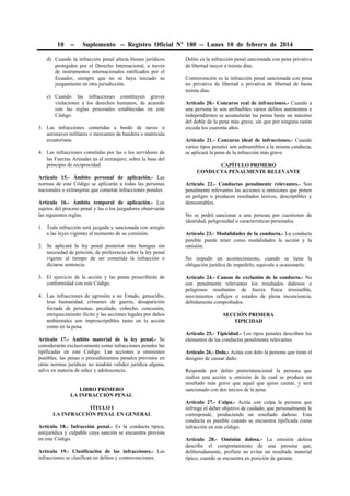 10

--

Suplemento -- Registro Oficial Nº 180 -- Lunes 10 de febrero de 2014

d) Cuando la infracción penal afecta bienes jurídicos
protegidos por el Derecho Internacional, a través
de instrumentos internacionales ratificados por el
Ecuador, siempre que no se haya iniciado su
juzgamiento en otra jurisdicción.
e) Cuando las infracciones constituyen graves
violaciones a los derechos humanos, de acuerdo
con las reglas procesales establecidas en este
Código.
3. Las infracciones cometidas a bordo de naves o
aeronaves militares o mercantes de bandera o matrícula
ecuatoriana.
4. Las infracciones cometidas por las o los servidores de
las Fuerzas Armadas en el extranjero, sobre la base del
principio de reciprocidad.
Artículo 15.- Ámbito personal de aplicación.- Las
normas de este Código se aplicarán a todas las personas
nacionales o extranjeras que cometan infracciones penales.
Artículo 16.- Ámbito temporal de aplicación.- Los
sujetos del proceso penal y las o los juzgadores observarán
las siguientes reglas:
1. Toda infracción será juzgada y sancionada con arreglo
a las leyes vigentes al momento de su comisión.
2. Se aplicará la ley penal posterior más benigna sin
necesidad de petición, de preferencia sobre la ley penal
vigente al tiempo de ser cometida la infracción o
dictarse sentencia.
3. El ejercicio de la acción y las penas prescribirán de
conformidad con este Código.
4. Las infracciones de agresión a un Estado, genocidio,
lesa humanidad, crímenes de guerra, desaparición
forzada de personas, peculado, cohecho, concusión,
enriquecimiento ilícito y las acciones legales por daños
ambientales son imprescriptibles tanto en la acción
como en la pena.
Artículo 17.- Ámbito material de la ley penal.- Se
considerarán exclusivamente como infracciones penales las
tipificadas en este Código. Las acciones u omisiones
punibles, las penas o procedimientos penales previstos en
otras normas jurídicas no tendrán validez jurídica alguna,
salvo en materia de niñez y adolescencia.
LIBRO PRIMERO
LA INFRACCIÓN PENAL
TÍTULO I
LA INFRACCIÓN PENAL EN GENERAL
Artículo 18.- Infracción penal.- Es la conducta típica,
antijurídica y culpable cuya sanción se encuentra prevista
en este Código.
Artículo 19.- Clasificación de las infracciones.- Las
infracciones se clasifican en delitos y contravenciones.

Delito es la infracción penal sancionada con pena privativa
de libertad mayor a treinta días.
Contravención es la infracción penal sancionada con pena
no privativa de libertad o privativa de libertad de hasta
treinta días.
Artículo 20.- Concurso real de infracciones.- Cuando a
una persona le son atribuibles varios delitos autónomos e
independientes se acumularán las penas hasta un máximo
del doble de la pena más grave, sin que por ninguna razón
exceda los cuarenta años.
Artículo 21.- Concurso ideal de infracciones.- Cuando
varios tipos penales son subsumibles a la misma conducta,
se aplicará la pena de la infracción más grave.
CAPÍTULO PRIMERO
CONDUCTA PENALMENTE RELEVANTE
Artículo 22.- Conductas penalmente relevantes.- Son
penalmente relevantes las acciones u omisiones que ponen
en peligro o producen resultados lesivos, descriptibles y
demostrables.
No se podrá sancionar a una persona por cuestiones de
identidad, peligrosidad o características personales.
Artículo 23.- Modalidades de la conducta.- La conducta
punible puede tener como modalidades la acción y la
omisión.
No impedir un acontecimiento, cuando se tiene la
obligación jurídica de impedirlo, equivale a ocasionarlo.
Artículo 24.- Causas de exclusión de la conducta.- No
son penalmente relevantes los resultados dañosos o
peligrosos resultantes de fuerza física irresistible,
movimientos reflejos o estados de plena inconciencia,
debidamente comprobados.
SECCIÓN PRIMERA
TIPICIDAD
Artículo 25.- Tipicidad.- Los tipos penales describen los
elementos de las conductas penalmente relevantes.
Artículo 26.- Dolo.- Actúa con dolo la persona que tiene el
designio de causar daño.
Responde por delito preterintencional la persona que
realiza una acción u omisión de la cual se produce un
resultado más grave que aquel que quiso causar, y será
sancionado con dos tercios de la pena.
Artículo 27.- Culpa.- Actúa con culpa la persona que
infringe el deber objetivo de cuidado, que personalmente le
corresponde, produciendo un resultado dañoso. Esta
conducta es punible cuando se encuentra tipificada como
infracción en este código.
Artículo 28.- Omisión dolosa.- La omisión dolosa
describe el comportamiento de una persona que,
deliberadamente, prefiere no evitar un resultado material
típico, cuando se encuentra en posición de garante.

 