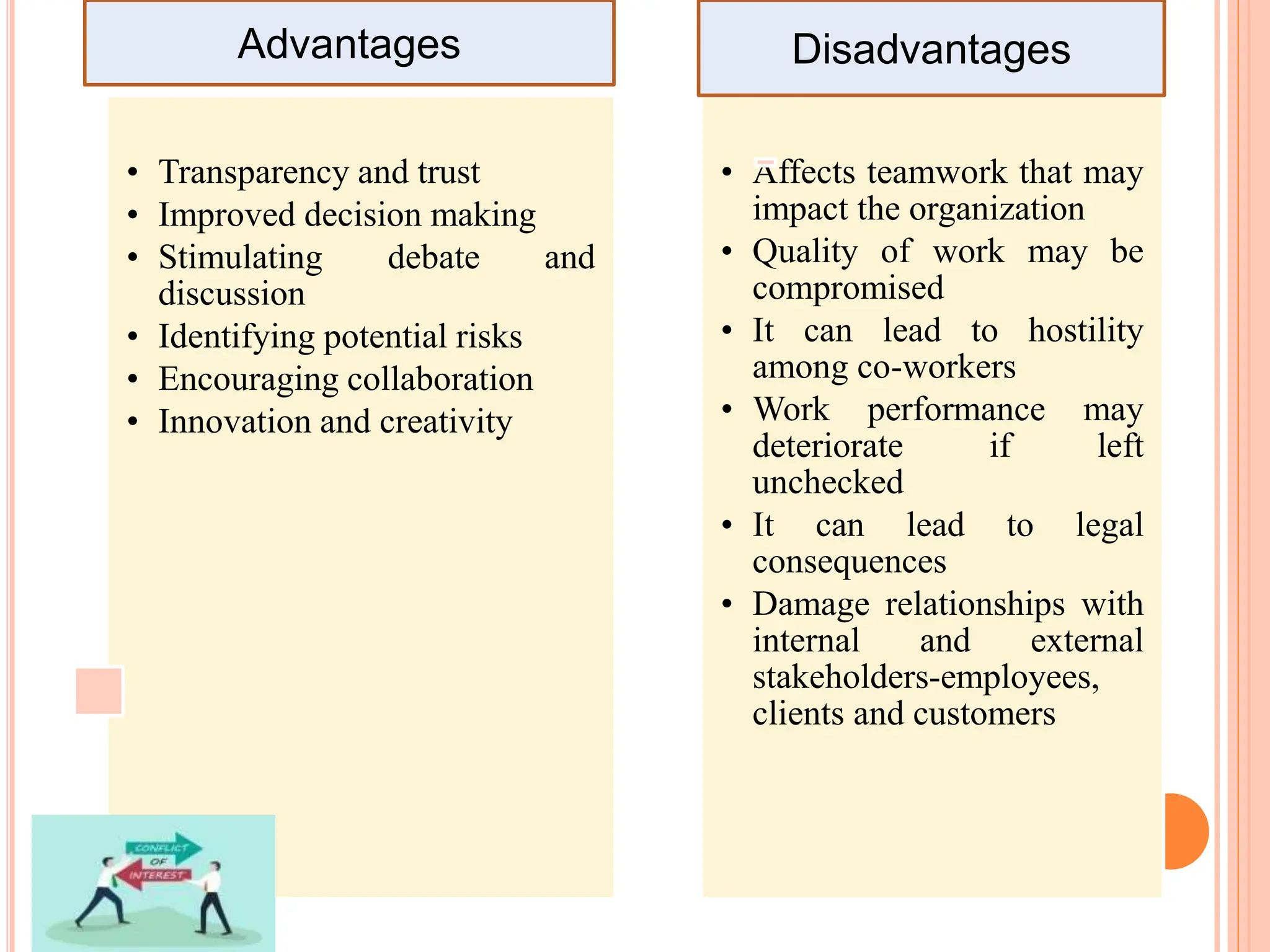 • Transparency and trust
• Improved decision making
• Stimulating debate and
discussion
• Identifying potential risks
• Encouraging collaboration
• Innovation and creativity
• Affects teamwork that may
impact the organization
• Quality of work may be
compromised
• It can lead to hostility
among co-workers
• Work performance may
deteriorate if left
unchecked
• It can lead to legal
consequences
• Damage relationships with
internal and external
stakeholders-employees,
clients and customers
Advantages Disadvantages
 