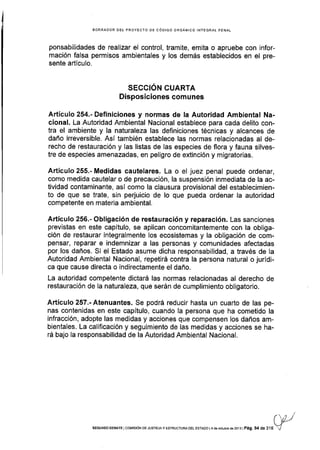 BORRADOR DEL PROYECTO DE CóDIGO ORGANICO INTEGRAI PENAL
ponsab¡l¡dades de realizar et control, tramite, emita o apruebe con infor-
mación falsa permisos ambientales y los demás establecidos en el pre-
sente artículo.
SEGCIÓN CUARTA
Disposiciones comunes
Artículo 254.- Definiciones y normas de la Autoridad Ambiental Na-
cional. La Autoridad Ambiental Nacional establece para cada delito con-
tra el ambiente y la naturaleza las definiciones técnicas y alcances de
daño irreversible. Así también establece las normas relacionadas al de-
recho de restauración y las listas de las especies de flora y fauna silves-
tre de especies amenazadas, en peligro de extinción y migratorias.
A.rtículo 255.- Medidas cautelares. La o el juez penal puede ordenar,
como medida cautelar o de precaución, la suspensión inmediata de la ac-
tividad contaminante, así como la clausura provisional del establecimien-
to de que se trate, sin perjuicio de lo que pueda ordenar la autoridad
competente en materia ambiental.
Artículo 256.- Obligación de restauración y reparación. Las sanciones
previstas en este capítulo, se aplican concomitantemente con la obliga-
ción de restaurar integralmente los ecosistemas y la obligación de com-
pensar, reparar e indemnizar a las personas y comunidades afectadas
por los daños. Si el Estado asume dicha responsabilidad, a través de Ia
Autoridad Ambiental Nacional, repetirá contra la persona natural o jurÍdi-
ca que cause directa o indirectamente el daño.
La autoridad competente dictará las normas relacionadas al derecho de
restauración de la naturaleza, que serán de cumplimiento obligatorio.
Artículo 257.- Atenuantes. Se podrá reducir hasta un cuarto de las pe-
nas contenidas en este capítulo, cuando Ia persona que ha cometido la
infracción, adopte las medidas y acciones que compensen los daños am-
bientales. La calificación y seguimiento de las medidas y acciones se ha-
rá bajo la responsabilidad de la Autoridad Ambiental Naclonal.
('vjSEGUNDo DEBATE ¡coMrsóN DE JUSTtctay ESTRUCTURA oEL EsTADo t4 de ocllbrc de 2oi3 |
pág. 9a de 316 Y
 