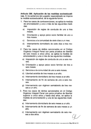 BORRADOR OEL PROYECTO DE CÓDIGO ORGÁNICO INIEGRAL PENAL
Artículo 386. Aplicación de las medidas socioeducati-
vas. En la sentencia del juzgador especializado se impone
la medida socioeducativa, de la siguiente forma:
1. Para los casos de contravenciones, se aplica la medida
de amonestación y una o más de las siguientes medi-
das:
a) Imposición de reglas de conducta de uno a tres
meses.
b) Orientación y apoyo psico socio familiar de uno a
tres meses.
c) Servicios a la comunidad de siete días a un mes.
d) Internamiento domiciliario de siete días a tres me-
SES.
2. Para los casos de delitos sanclonados en el Código
Orgánico lntegral Penal con pena privativa de libertad
de seis meses a cinco años, se aplica la medida de
amonestación y una o más de las siguientes medidas:
a) lmposición de reglas de conducta de uno a seis me-
¡E§.
b) Orientación y apoyo psico socio familiar de tres a
seis meses-
c) Servicios a la comunidad de uno a seis meses.
d) Libertad asistida de tres meses a un año.
e) lnternamiento domiciliario de tres meses a un año.
f) lnternamiento de fin de semana de uno a seis me-
SES.
g) lnternamiento con régimen semiabierto de tres me-
ses a un año.
3. Para los casos de delitos sancionados en el Código
Orgánico lntegral Penal con pena privativa de libertad
superior a cinco años y hasta diez años, se aplica Ia
medida de amonestación y una de las siguientes medi-
das:
a) lnternamiento domiciliario de seis meses a un año.
b) lnternamiento de fln de semana de seis meses a un
año.
c) lnternamiento con régimen semiabierto de seis me-
ses a dos años. f k;, ./
l-11 ,/
SEGUNDo DEBATE Ico¡rÍs¡óN DE JUSTtctAy EsrRUcruRA DEL EsrADo 4deoclubredé2013lPág.303de3'16
 