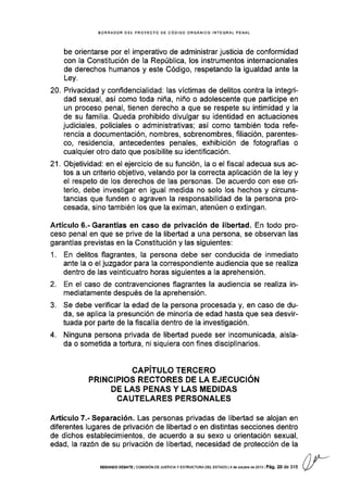 BORRADOR DEL PROYECTO DE CÓDIGO ORGANICO INTEGRAL PENAL
be orientarse por el imperativo de administrar justicia de conformidad
con la Constitución de la República, los instrumentos internacionales
de derechos humanos y este Código, respetando la igualdad ante la
Ley.
20. Privacidad y confidencialidad: las víctimas de delitos contra la integri-
dad sexual, así como toda niña, niño o adolescente que participe en
un proceso penal, tienen derecho a que se respete su intimidad y la
de su familia. Queda prohibido divulgar su identidad en actuaciones
judiciales, policiales o administrativas; asÍ como también toda refe-
rencia a documentación, nombres, sobrenombres, filiación, parentes-
co, residencia, antecedentes penales, exhibición de fotografías o
cualquier otro dato que posibilite su identificación.
21, Objetividad: en el ejercicio de su función, la o el fiscal adecua sus ac-
tos a un criterio objetivo, velando por la correcta aplicación de la ley y
el respeto de los derechos de las personas. De acuerdo con ese cri-
terio, debe investigar en igual medida no solo los hechos y circuns-
tancias que funden o agraven la responsabilidad de la persona pro-
cesada, sino también los que la eximan, atenúen o extingan.
Artículo 6.- Garantías en caso de privación de libertad. En todo pro-
ceso penal en que se prive de la libertad a una persona, se observan las
garantías previstas en la Constitución y las siguientes:
1. En delitos flagrantes, la persona debe ser conducida de inmediato
ante la o el juzgador para la correspondiente audiencia que se realiza
dentro de las veinticuatro horas siguientes a la aprehensión.
2. En el caso de contravenciones flagrantes la audiencia se realiza in-
mediatamente después de la aprehensión.
3. Se debe verificar la edad de la persona procesada y, en caso de du-
da, se aplica Ia presunción de minoría de edad hasta que sea desvir-
tuada por parte de la fiscalía dentro de la investigación.
4. Ninguna persona privada de libertad puede ser incomunicada, aisla-
da o sometida a toÉura, ni siquiera con fines disciplinarios.
CAPíTULO TERCERO
PRINCIPIOS RECTORES DE LA EJECUCIÓN
DE LAS PENAS Y LAS MEDIDAS
CAUTELARES PERSONALES
Artlculo 7.- Separación. Las personas privadas de libertad se alojan en
diferentes lugares de privación de libertad o en distintas secciones dentro
de dichos establecimientos, de acuerdo a su sexo u orientación sexual,
edad, la razón de su privación de libertad, necesidad de protección de la
,1/"'sEGUNoo DEBATE I coi¡rsróN oE JUSTTCTA y EsrRUcruRA oEr ESTAoo | 4 de or.tubrs de 2013 I Pág. 20 d e ua Q/
 