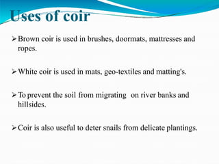 Uses of coir
Brown coir is used in brushes, doormats, mattresses and
ropes.
White coir is used in mats, geo-textiles and matting's.
To prevent the soil from migrating on river banks and
hillsides.
Coir is also useful to deter snails from delicate plantings.
 